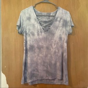 American Eagle cross cross light blue tie dye top